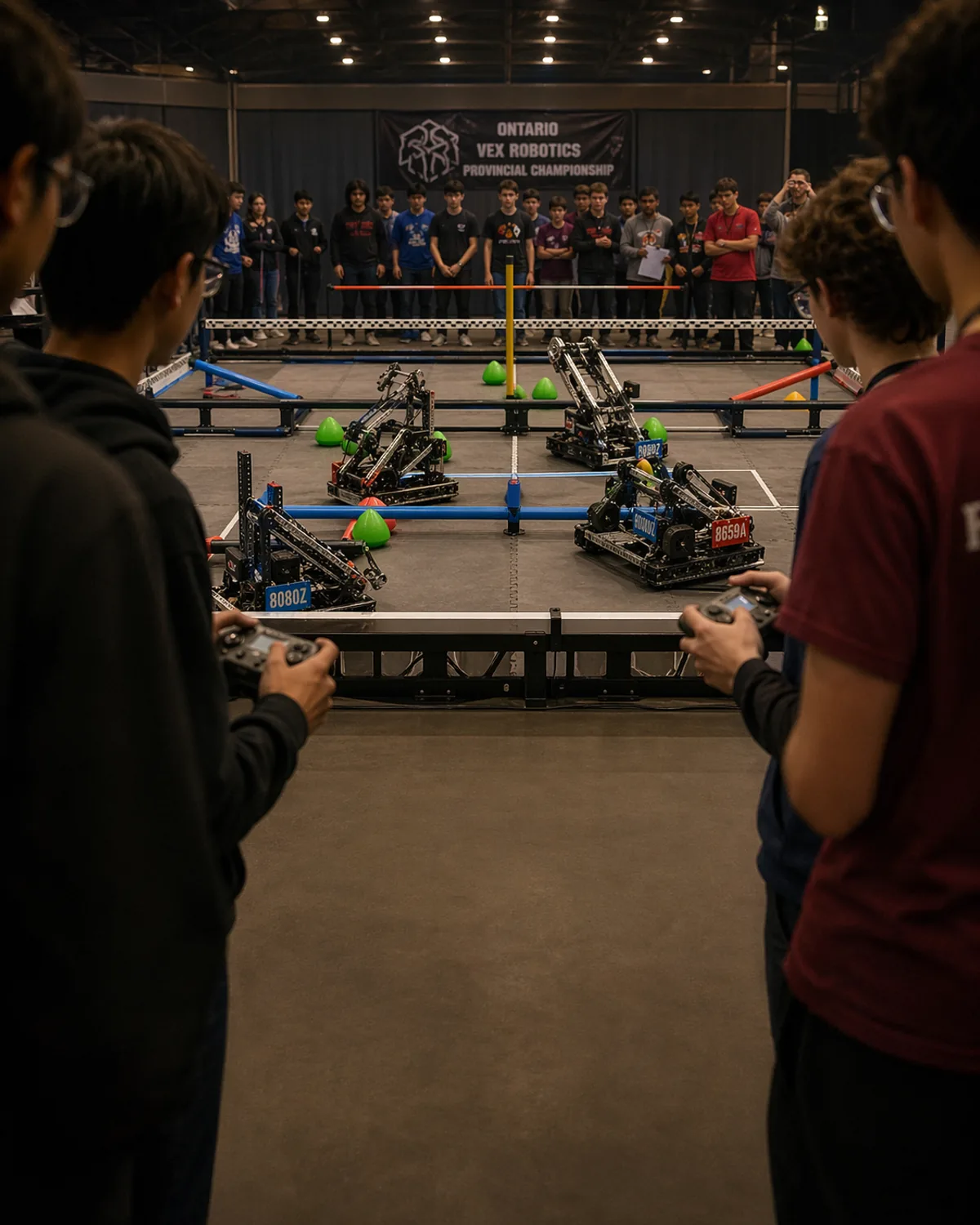 Students competing on a VEX robotics arena